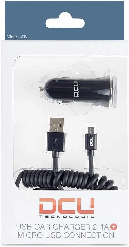 Dcu tecnologic, automobilinis įkroviklis, usb įkroviklio paketas 2.4a + micro usb įkrovimo laidas, spiralinis lightning laidas, ilgis 1.5 m, aliuminio jungtis su pvc korpusu, juodas