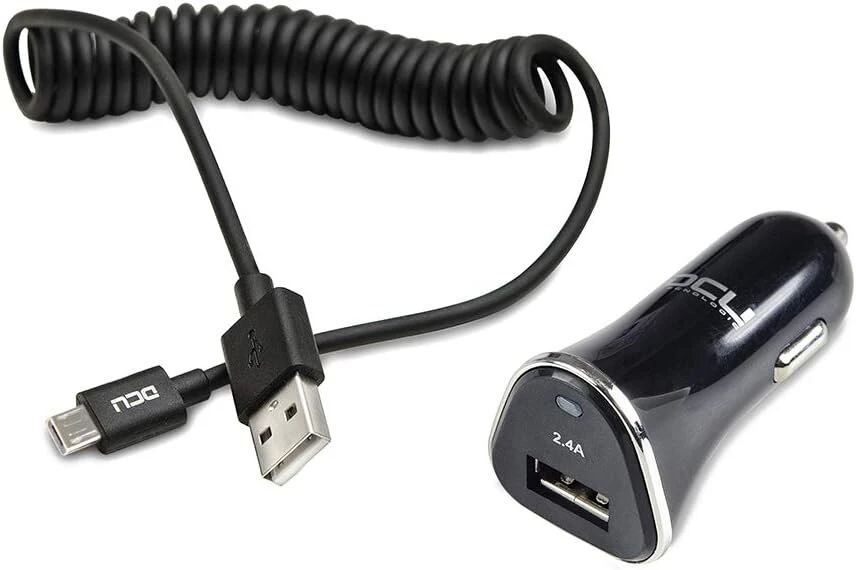Dcu tecnologic, automobilinis įkroviklis, usb įkroviklio paketas 2.4a + micro usb įkrovimo laidas, spiralinis lightning laidas, ilgis 1.5 m, aliuminio jungtis su pvc korpusu, juodas