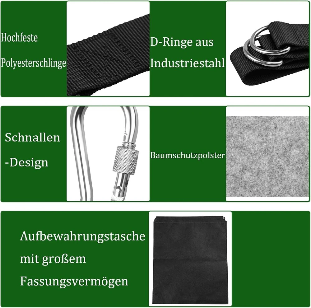 Dd Hammocks 4 sūpynių tvirtinimo elementų rinkinys, 2 vnt. 150 cm x 2,5 cm hamako tvirtinimo elementai, 2 vnt. 28 cm x 3,8 cm geležiniai kabliai, sūpynių priedai, hamako virvė su laikymo krepšiu, išorinis veltinio paminkštinimas