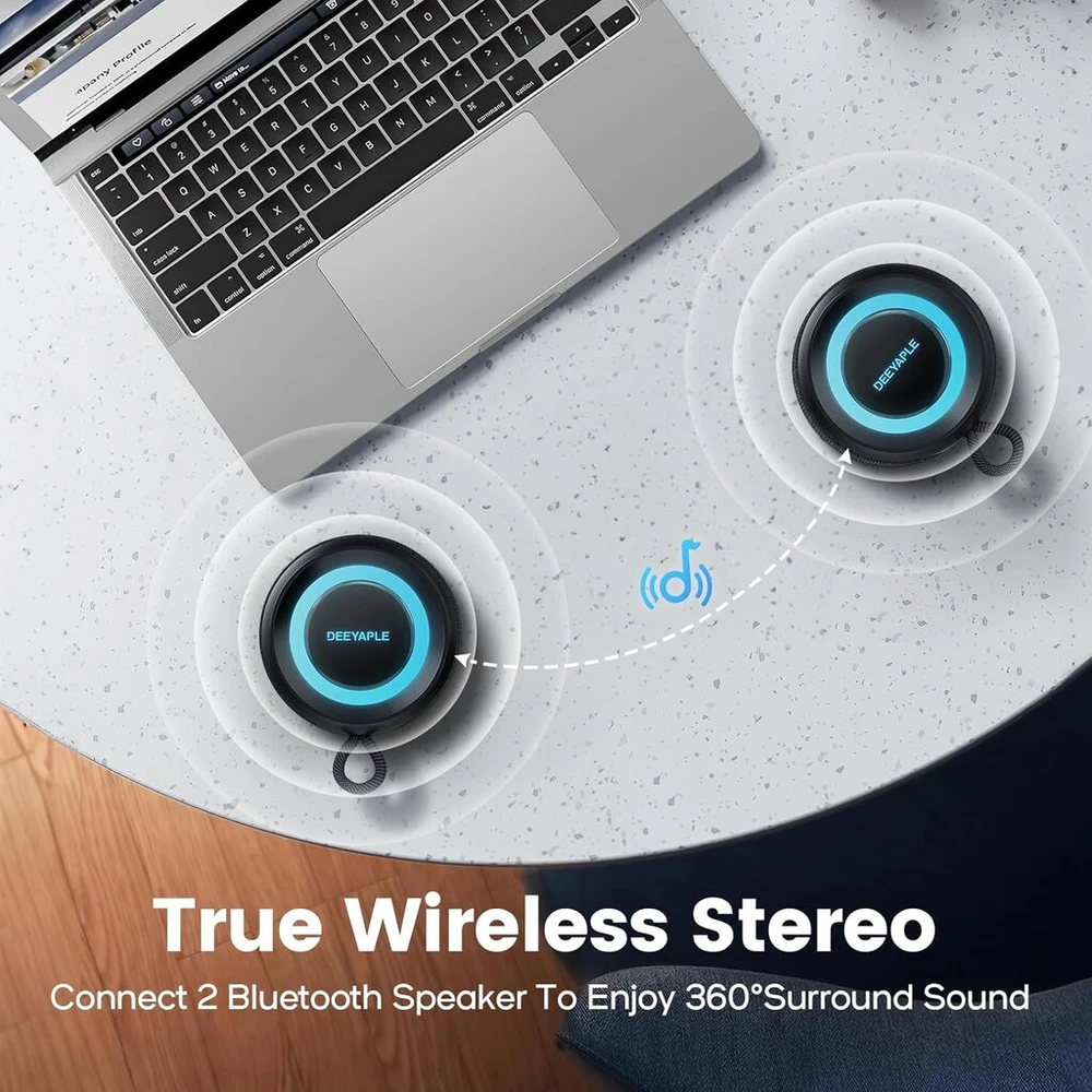 Kompiuterio kolonėlės Deeyaple bluetooth garsiakalbis, mažas nešiojamas muzikos grotuvas 5.3, ipx7 atsparus vandeniui, belaidis stereo sujungimas, laisvų rankų įranga, rgb apšvietimas, skirtas stovyklavimui lauke, sodo vakarėliams, kelionėms, 50% garsumas, 12 val. atkūrimas, j