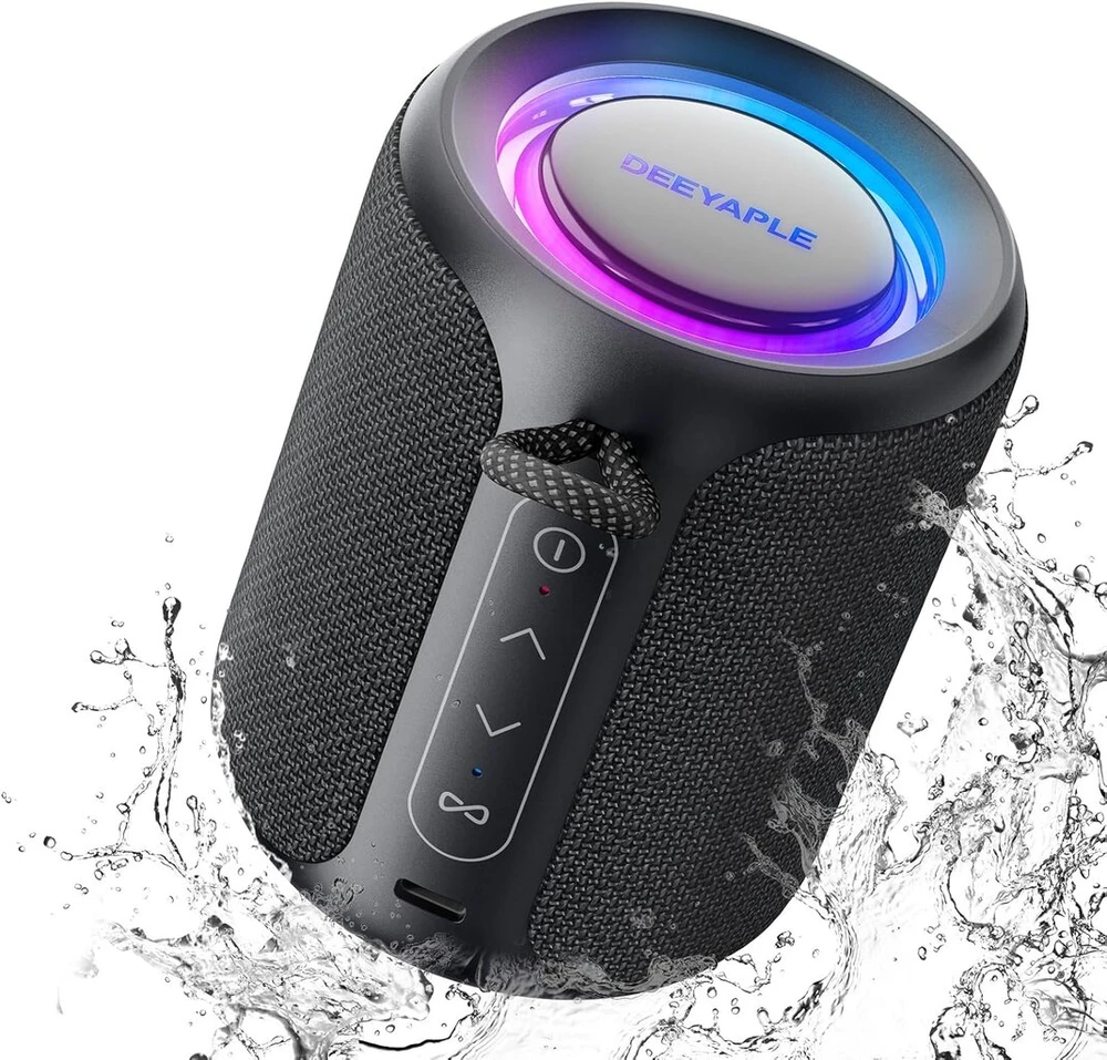 Kompiuterio kolonėlės Deeyaple bluetooth garsiakalbis, mažas nešiojamas muzikos grotuvas 5.3, ipx7 atsparus vandeniui, belaidis stereo sujungimas, laisvų rankų įranga, rgb apšvietimas, skirtas stovyklavimui lauke, sodo vakarėliams, kelionėms, 50% garsumas, 12 val. atkūrimas, j