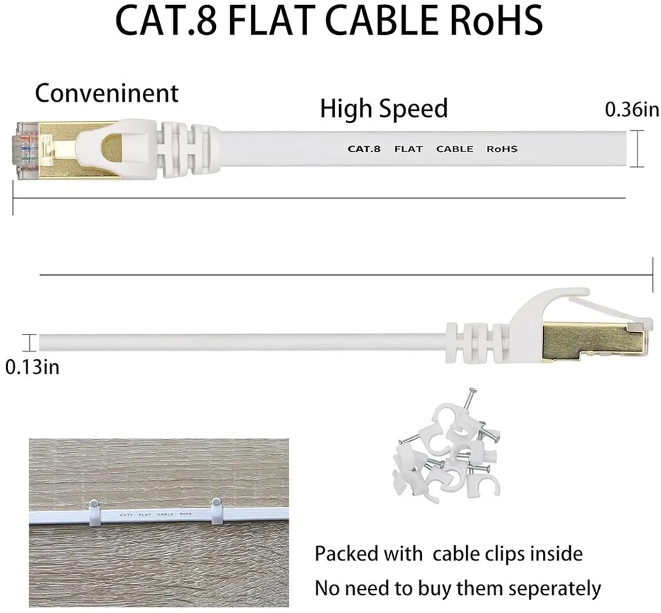 Deface Cat 8 ethernet kabelis 30m cat8 interneto kabelis plokščias gigabitinis didelio greičio ekranuotas rj45 lan kabelis baltas