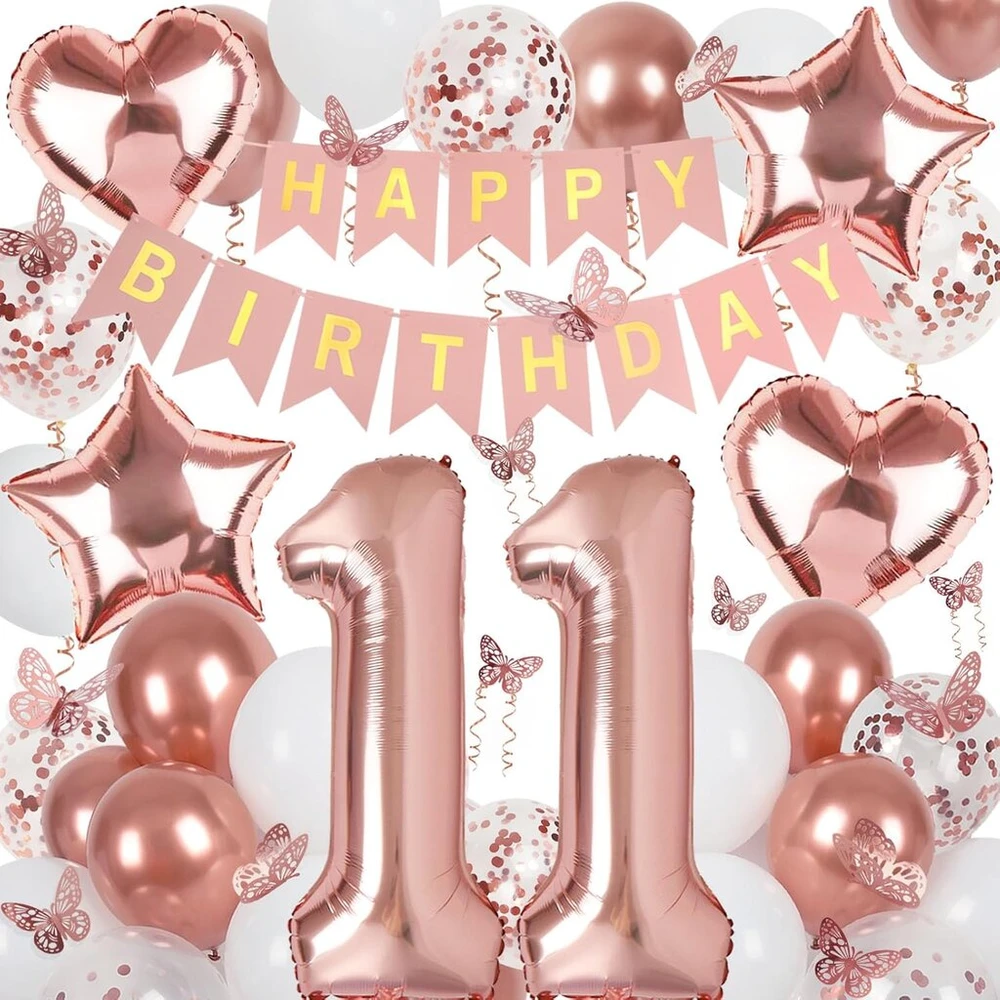 Dekoracija 11-ajam gimtadieniui mergaitei, rožinio aukso balionas 11-ajam gimtadieniui, "happy Birthday" girlianda ir drugelių dekoracija, rožinio aukso dovana 11 metų mergaitei