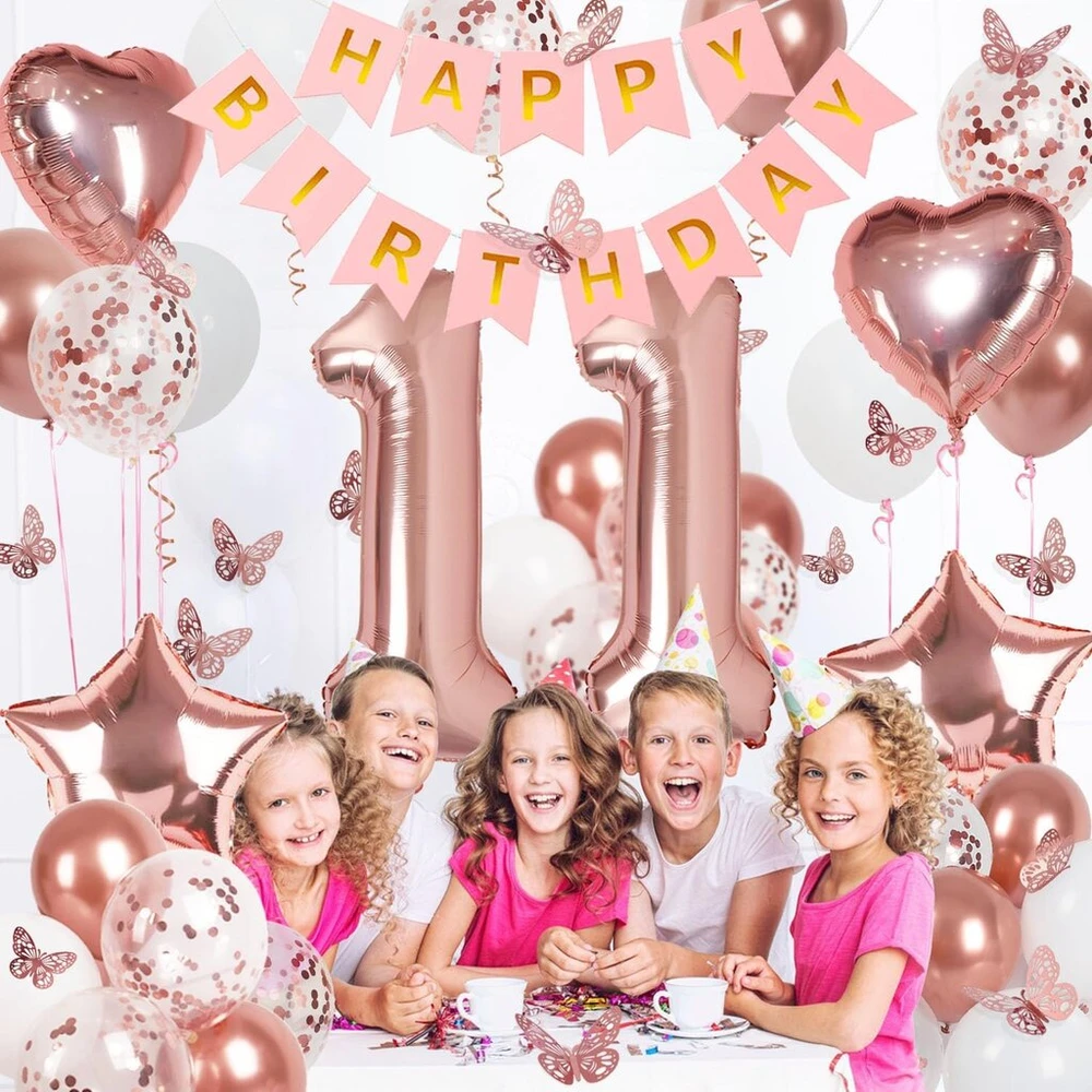 Dekoracija 11-ajam gimtadieniui mergaitei, rožinio aukso balionas 11-ajam gimtadieniui, "happy Birthday" girlianda ir drugelių dekoracija, rožinio aukso dovana 11 metų mergaitei