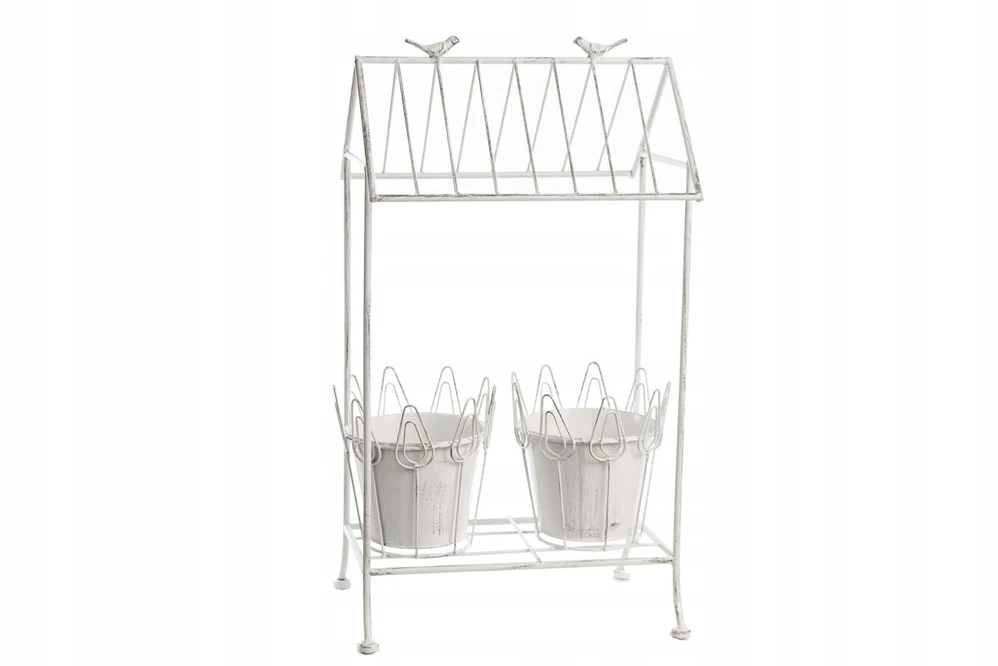 Dekoratyvinė metalinė balta gėlių lysvė namelio formos - 65 cm