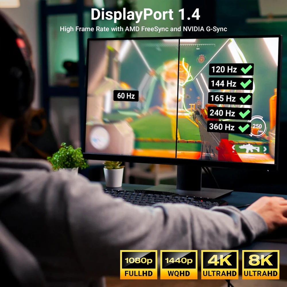 Deleycon 1 m 8k Displayport kabelis (8k @ 60hz 4k @ 165hz 2k @ 360hz) Uhd Wqhd Hdr Hdcp 2.2 Ekranas Port - Amd Freesync Nvidia G-sync - idealiai tinka žaidimų monitoriui ir Ekranas Port - pilka juoda
