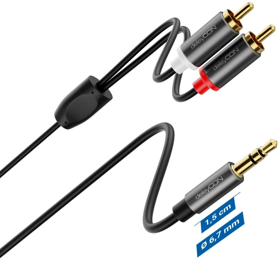 Deleycon 1 m jack į Rca kabelį 3.5 mm audio kabelio konverteris mobiliajam telefonui ir išmaniajam telefonui į Hifi imtuvą 3.5 mm Aux jack į Rca male (ypač plonas ir lankstus)