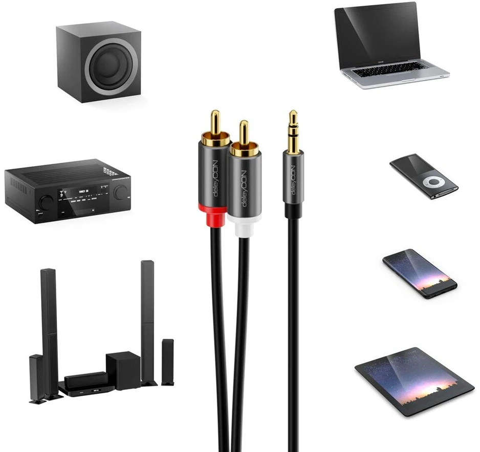 Deleycon 1 m jack į Rca kabelį 3.5 mm audio kabelio konverteris mobiliajam telefonui ir išmaniajam telefonui į Hifi imtuvą 3.5 mm Aux jack į Rca male (ypač plonas ir lankstus)