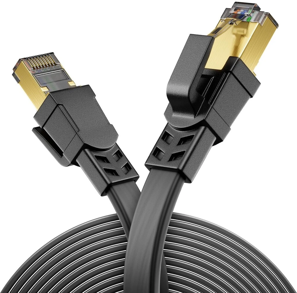Deleycon 10 m Cat8.1 plokščias Lan kabelis, tinklo kabelis, varinis laidininkas, 40 Gbit, 2000 Mhz, patch kabelis, gigabitinis eterneto kabelis, Rj45 jungtis, Lan Dsl Cat.8 kabelis, juodas