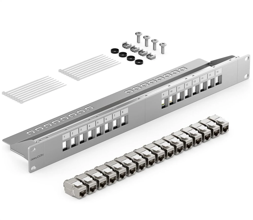Deleycon 16 portų patch panelio rinkinys, modulinis patch panelis 1 U 19 colių stovo montavimui + 16x Rj45 keystone modulis Cat6a, suderinamas su Cat5 Cat6 Cat7 Lan tinklo kabelio instaliacijos kabeliu, pilkas