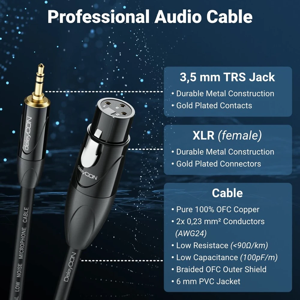 Deleycon 2 m xlr į 3.5 mm jack stereo mikrofono kabelis audio adapterio kabelis aux studijos kokybės grynas ofc varis (awg24) xlr female į jack 3.5 mm male - metalinis užraktas