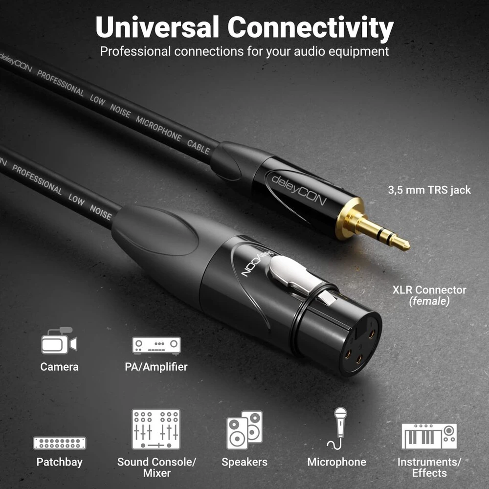 Deleycon 2 m xlr į 3.5 mm jack stereo mikrofono kabelis audio adapterio kabelis aux studijos kokybės grynas ofc varis (awg24) xlr female į jack 3.5 mm male - metalinis užraktas