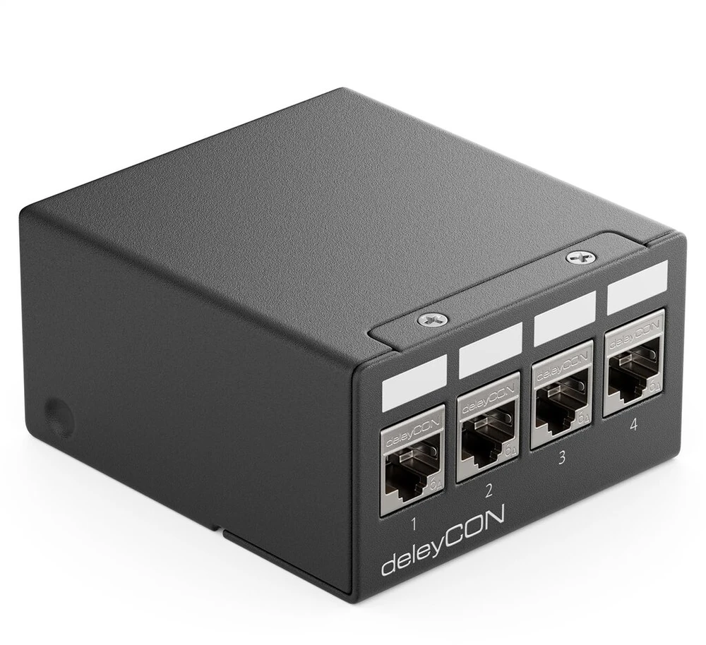 Deleycon 4 portų patch panelio rinkinys, patch panelio paskirstymo skydelis 1 U + 4x Rj45 keystone lizdo modulis Stp Cat6a, suderinamas su instaliaciniu kabeliu Cat6 Cat6a Cat7 tinklo kabeliu Ethernet Lan Dsl - juodas
