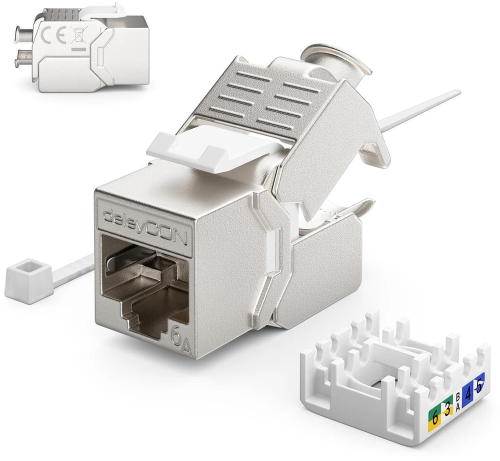 Deleycon 48x Cat6a Keystone lizdo modulis, tinklo kabelio jungtis, Stp ekranavimas, Rj45 lizdas, tinklo lizdas, skydelis, Keystone laikiklio ilgiklis