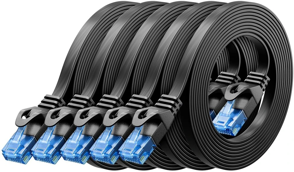 Deleycon 5 x 0,5 m Cat6 plokščias tinklo kabelis 1000 Mbit Gigabit Lan - Cat 6 Rj45 Ethernet Patch kabelis plonas montavimo kabelis plokščias - interneto jungikliui maršrutizatoriui modemui Patch Panel - juodas