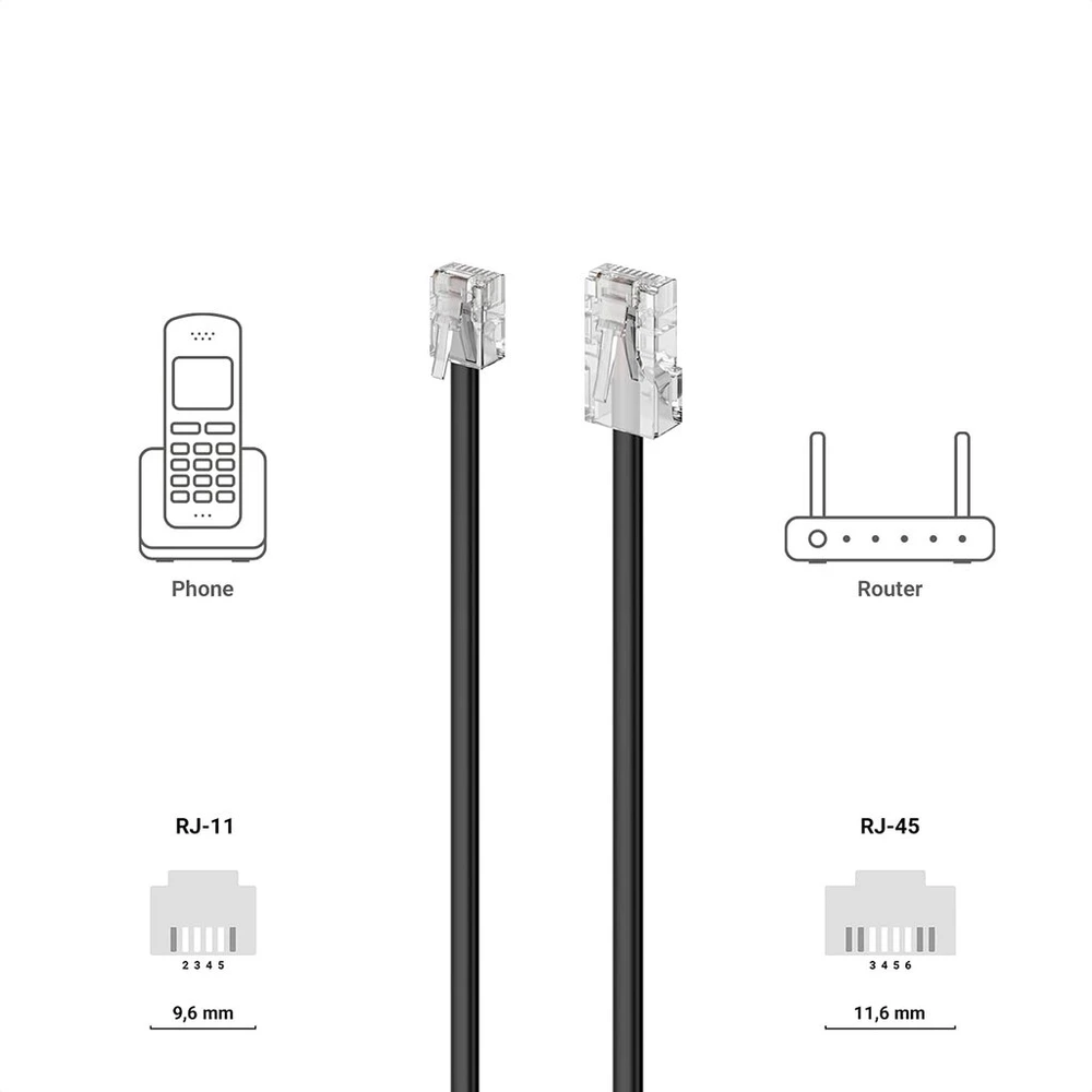 Deleycon telefono kabelis Rj11 į Rj45 modulinis kabelis 99% varis Awg 28 plokščias kabelis Rj11 kištukas į Rj45 tinklo kištuką telefono lizdas modemas maršrutizatorius faksas Isdn Dsl Vdsl internetas juodas 50 m