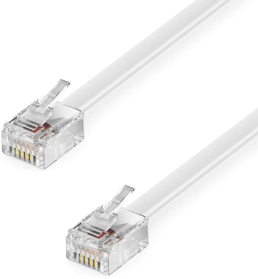 Deleycon telefono kabelis Rj11 modulinis kabelis 99% vario Awg 28 6p4c Western kabelis Rj11 į Rj11 jungtis plokščias kabelis telefono lizdas modemas maršrutizatorius faksas Isdn Dsl Vdsl internetas baltas 50 m