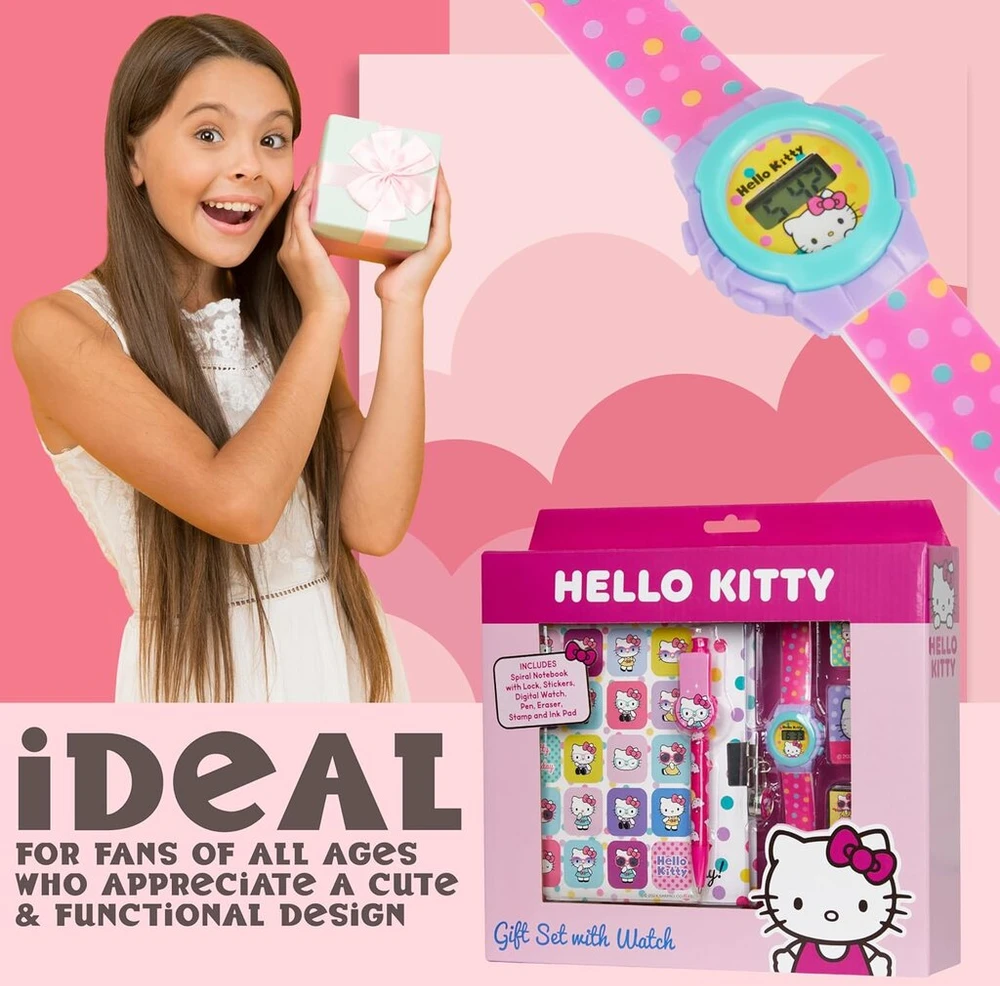 Dėlionė Hello Kitty dienoraštis mergaitei su užraktu, skaitmeninis laikrodis su raštinės reikmenų rinkiniu, antspaudų rašikliai, vaikiški laikrodžiai, dovanos mergaitėms