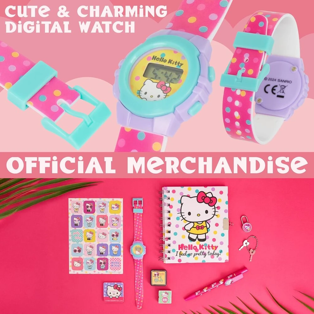 Dėlionė Hello Kitty dienoraštis mergaitei su užraktu, skaitmeninis laikrodis su raštinės reikmenų rinkiniu, antspaudų rašikliai, vaikiški laikrodžiai, dovanos mergaitėms