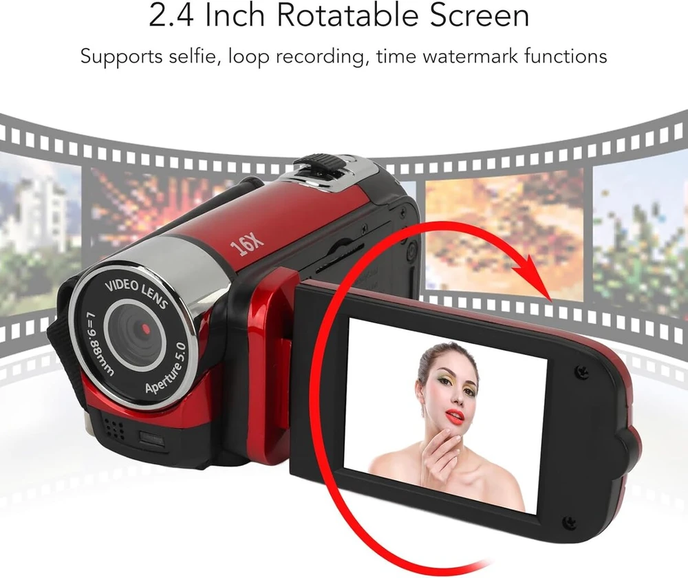 Denash vaizdo kamera, 1080p 16mp skaitmeninė vaizdo kamera vlog'ams, 16x skaitmeninis priartinimas, kompaktiška kamera fotografijai (raudona)