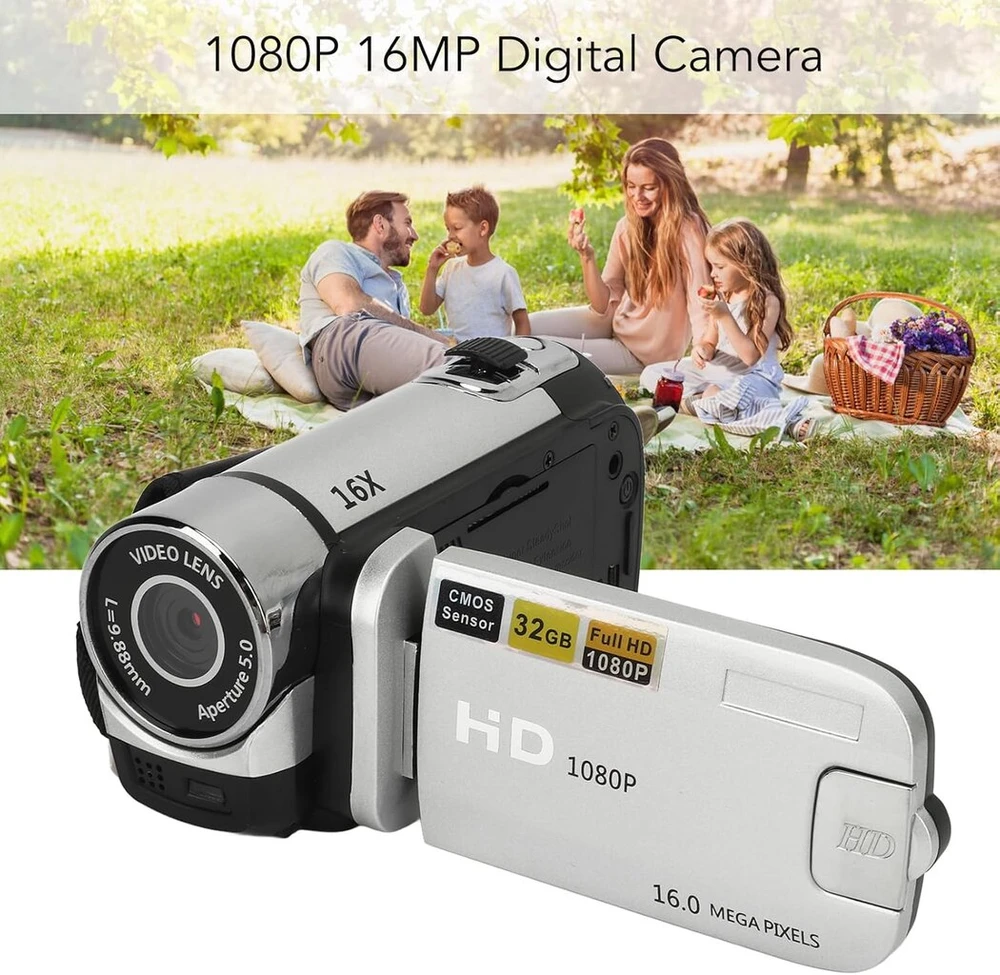 Denash vaizdo kamera, 1080p 16mp skaitmeninė vaizdo kamera vlog'ams su 16x skaitmeniniu priartinimu, kompaktiška kamera fotografijai (sidabrinė)