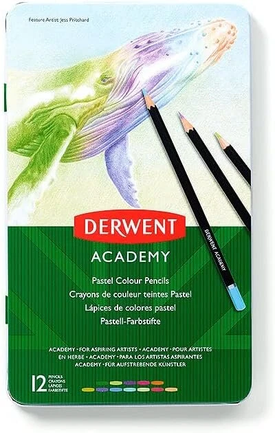Derwent Academy 2306022 pastelinių pieštukų rinkinys, 12 vnt. skardinėje dėžutėje, pradedantiesiems menininkams, spalvinimo pieštukai pastelinėmis spalvomis, idealūs tapybai ir piešimui, aukščiausios kokybės pasteliniai pieštukai