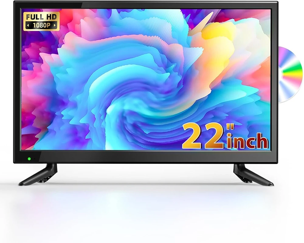 Desobry 22" mažas televizorius 1080p su integruotu dvd grotuvu, mini televizorius su integruotu dvb-t2 imtuvu, su antena, hdmi/usb/av įvestis - 12v tv dvd combo kemperiams, virtuvėms ir mažoms erdvėms