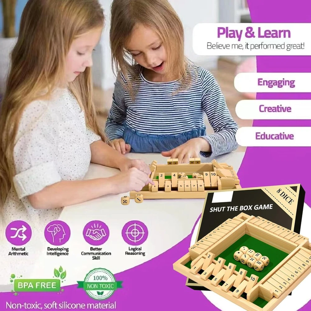 Deuxyu shut the box 4 žaidėjams, medinis kauliukų žaidimas su 8 kauliukais, tradicinis kauliukų žaidimas suaugusiems ir vaikams, šeimos žaidimai, smagus žaidimas, stalo kauliukų žaidimo žaislas