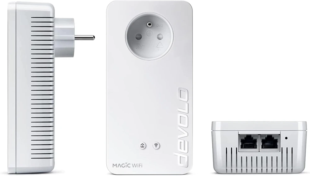 Devolo Magic 2 Wifi 6 (ax) Starter Kit: 2 x Cpl Wifi adapteriai, Gigogne lizdas (2400 Mb/s, 3 x Gigabit Ethernet prievadai, Mesh), idealiai tinka nuotoliniam darbui, žaidimams, transliacijai, prancūziškas lizdas