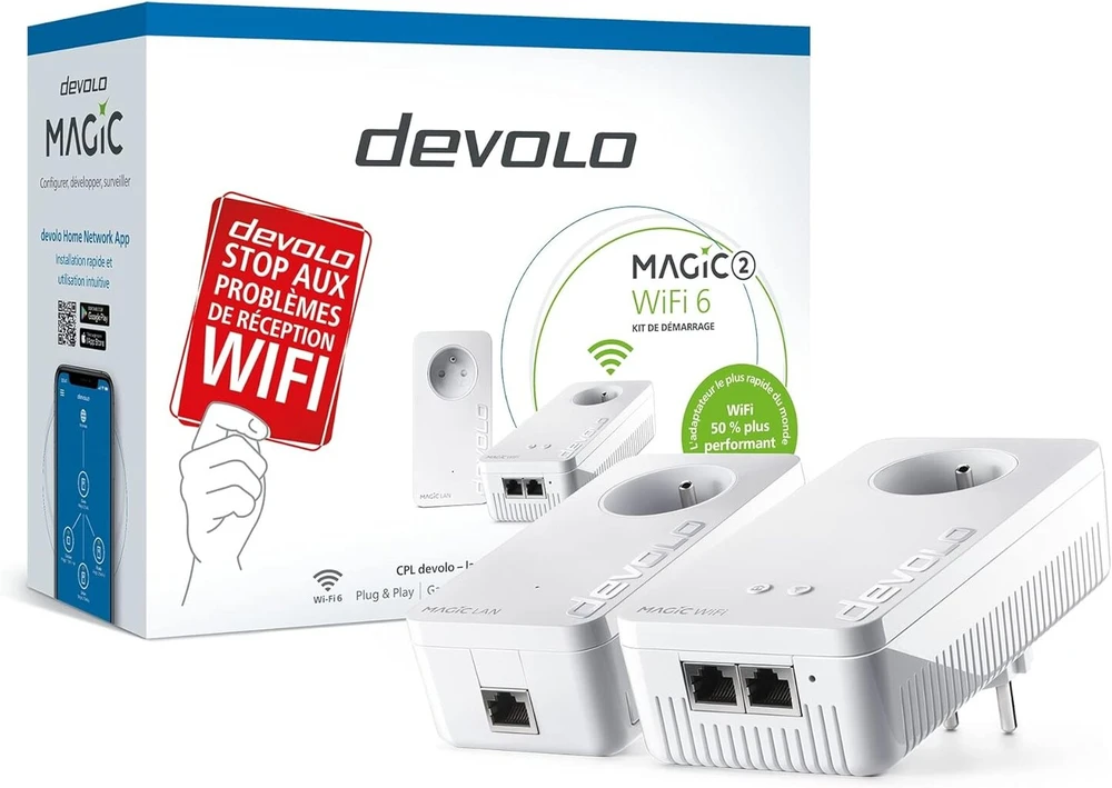 Devolo Magic 2 Wifi 6 (ax) Starter Kit: 2 x Cpl Wifi adapteriai, Gigogne lizdas (2400 Mb/s, 3 x Gigabit Ethernet prievadai, Mesh), idealiai tinka nuotoliniam darbui, žaidimams, transliacijai, prancūziškas lizdas