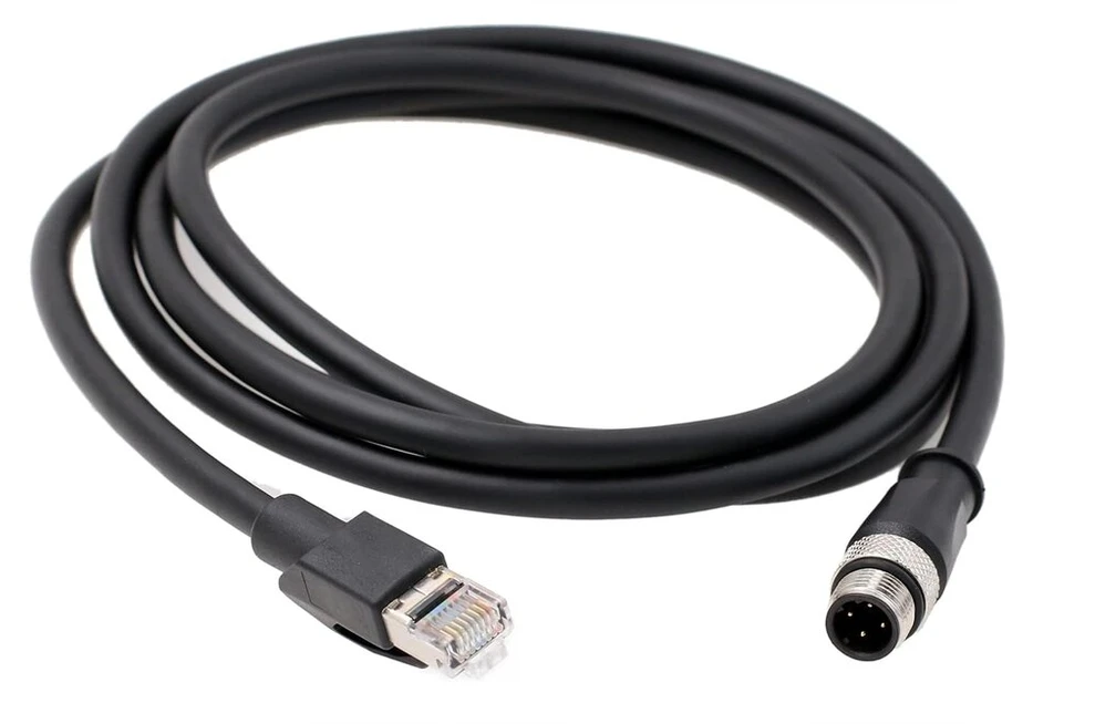 Didelio lankstumo M12 4 kontaktų D-code kištukas į Rj45 ekranuotą Cat6 ethernet kabelį pramoninei technikai, kamerų tinklui, robotų kodavimo jutikliui (2m)
