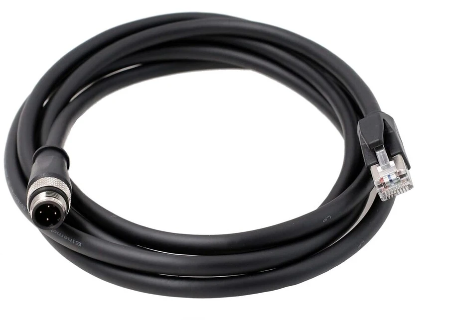 Didelio lankstumo M12 4 kontaktų D-code kištukas į Rj45 ekranuotą Cat6 ethernet kabelį pramoninei technikai, kamerų tinklui, robotų kodavimo jutikliui (2m)