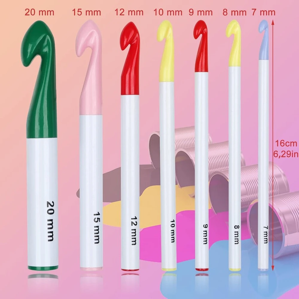 Didelis nėrimo vąšelių rinkinys, 7 vienetai lengvų plastikinių nėrimo vąšelių, 7,0 mm - 20 mm spalvingi dideli nėrimo vąšeliai vaikams, profesionalams, ergonomiški nėrimo vąšeliai kilimams, megztiniams, šalikams, "pasidaryk pats"