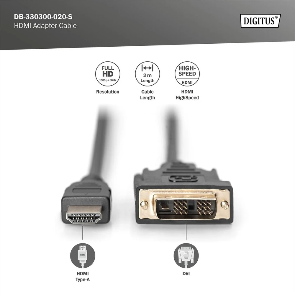 Digitus 2 m, hdmi/dvi-d 2 m hdmi dvi-d juodas – adapteriai vaizdo kabelis (hdmi/dvi-d, hdmi, dvi-d, vyriškas, vyriškas, nikelis, juodas)