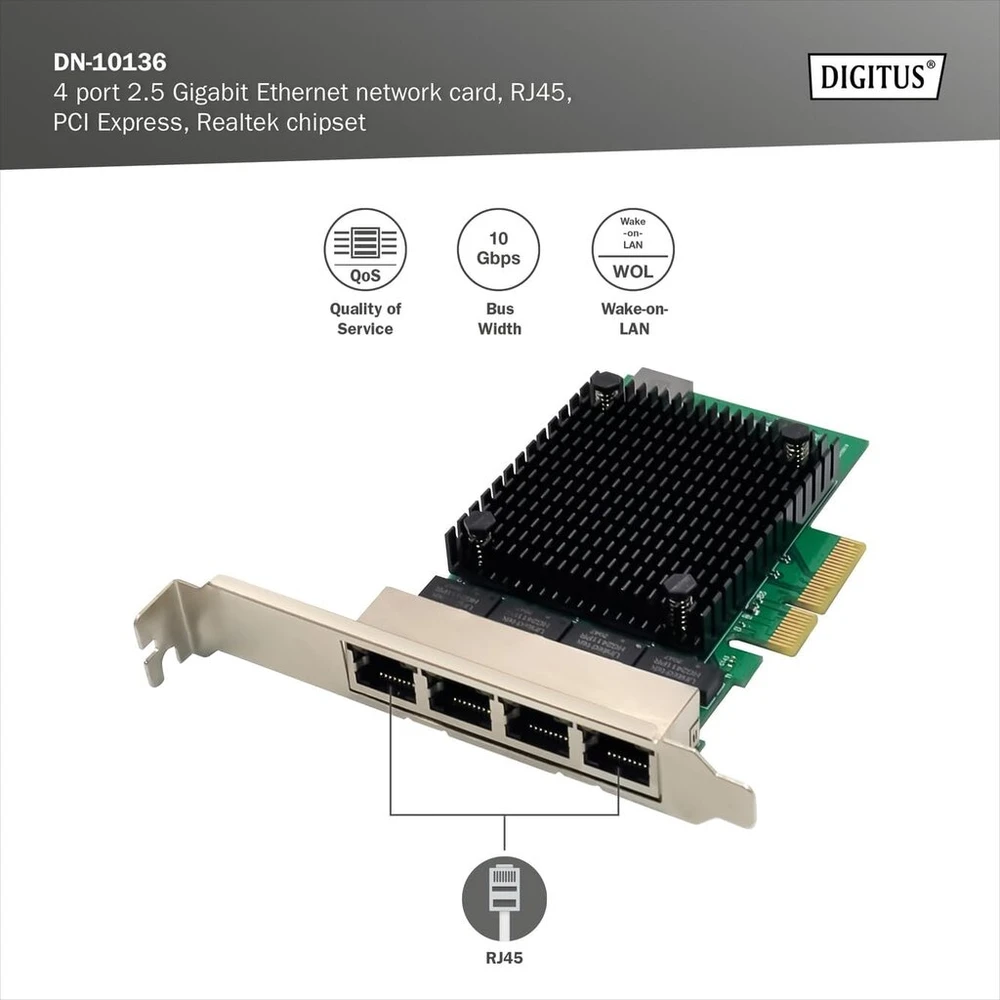 Digitus 2.5 gigabitų ethernet serverio tinklo plokštė - 4 portų rj45 - nic - rtl8125b - 10/100/1000/2500 mbps