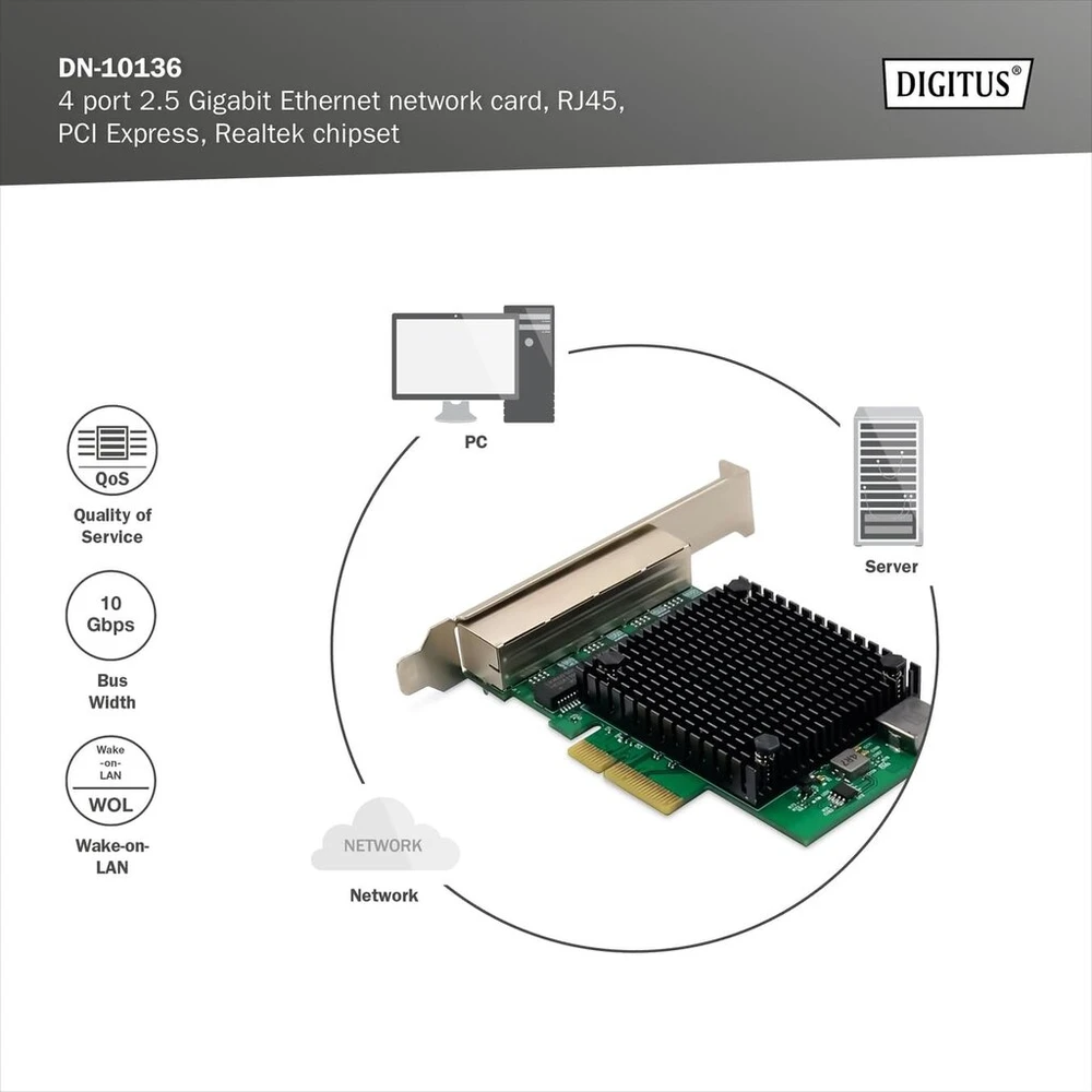 Digitus 2.5 gigabitų ethernet serverio tinklo plokštė - 4 portų rj45 - nic - rtl8125b - 10/100/1000/2500 mbps