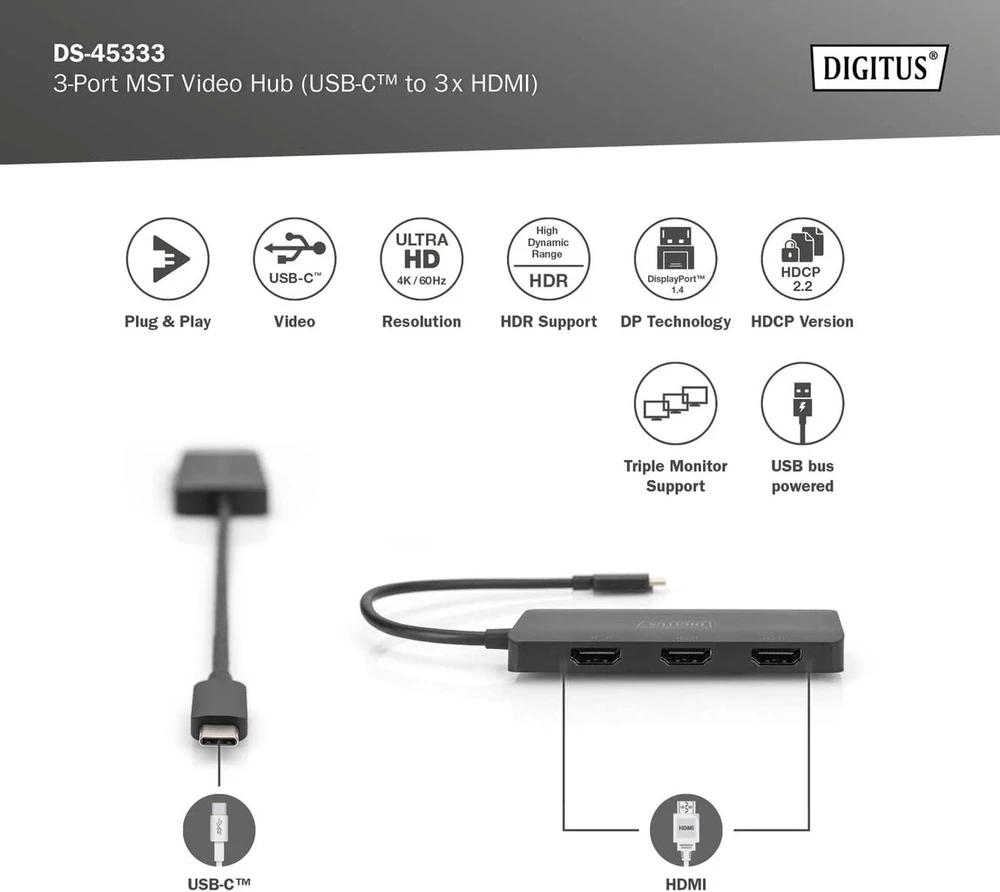 Digitus 3 prievadų Mst vaizdo šakotuvas Usb-c ir 3x Hdmi
