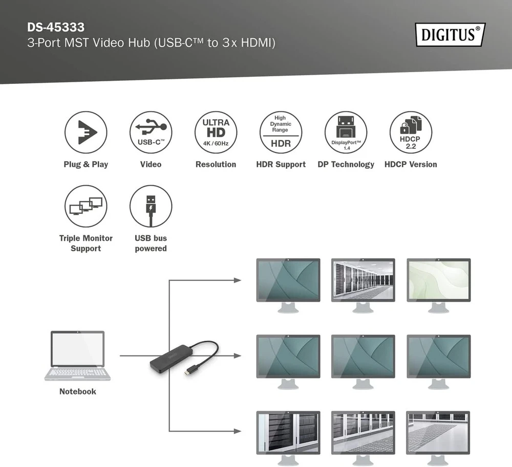 Digitus 3 prievadų Mst vaizdo šakotuvas Usb-c ir 3x Hdmi