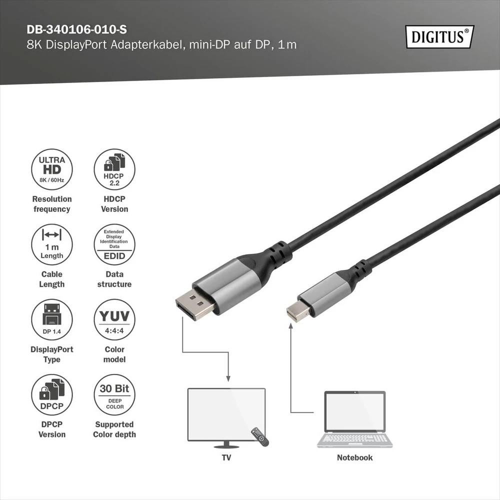 Digitus 8k/60hz displayport adapterio kabelis - dp į mini dp - displayport 1.4-4k/144hz - 2 m - aliuminio korpusas - suderinamas su monitoriumi, žaidimų vaizdo plokšte - juodas