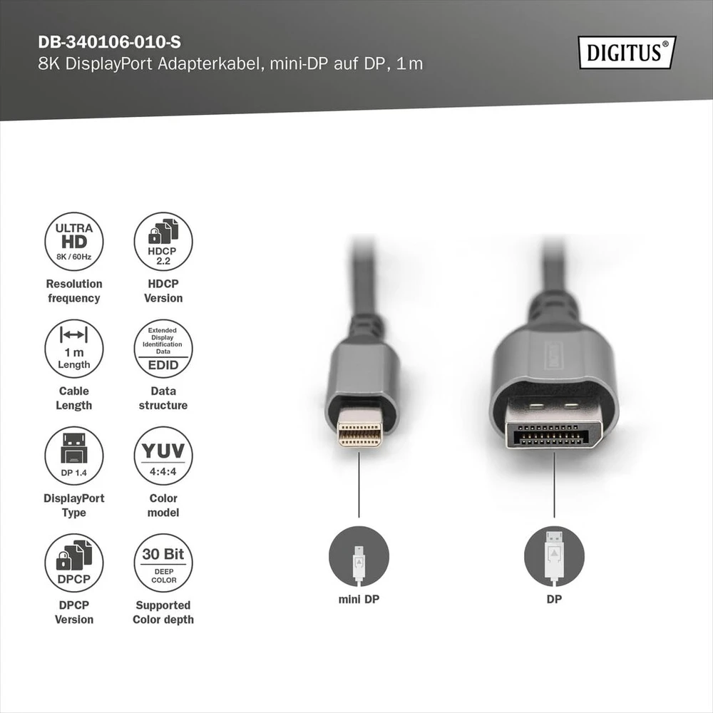 Digitus 8k/60hz displayport adapterio kabelis - dp į mini dp - displayport 1.4-4k/144hz - 2 m - aliuminio korpusas - suderinamas su monitoriumi, žaidimų vaizdo plokšte - juodas