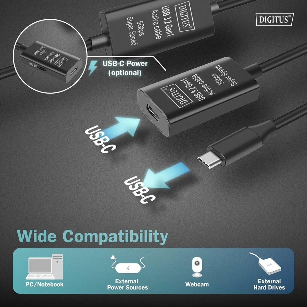 Digitus aktyvus usb 3.2 gen 1 ilginimo laidas - 10m - usb-c kištukas į lizdą - kartotuvas usb laidas su plug & play - iki 5gbps - maitinamas usb - juodas
