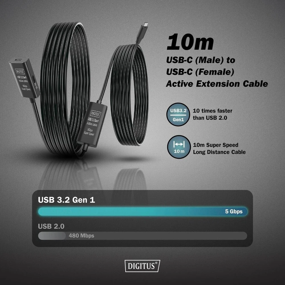 Digitus aktyvus usb 3.2 gen 1 ilginimo laidas - 10m - usb-c kištukas į lizdą - kartotuvas usb laidas su plug & play - iki 5gbps - maitinamas usb - juodas