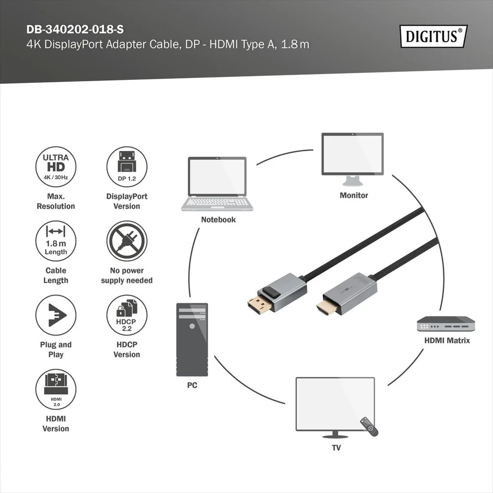 Digitus displayport į hdmi adapterio kabelis - 1.8 m - uhd 4k/30hz - hdmi 2.0 - displayport 1.2 - būsenos led - plug & play - paauksuoti kontaktai - juodas