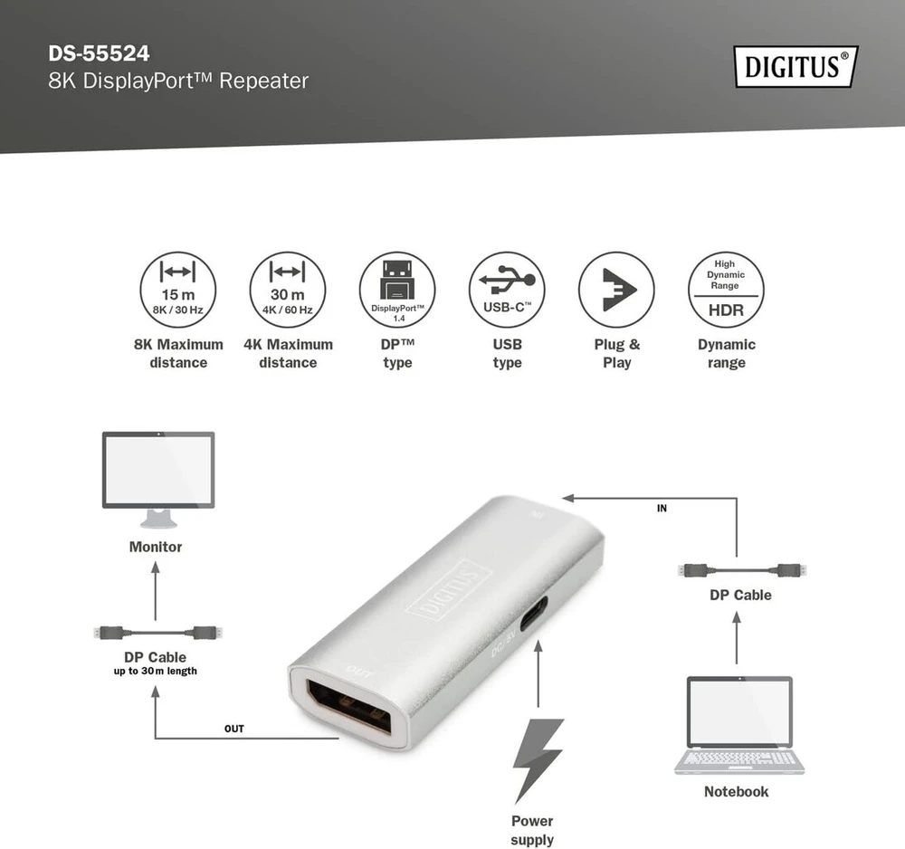Digitus Displayport kartotuvas, 8k 30hz, 4k 120hz/60hz, 30m signalo prailginimas