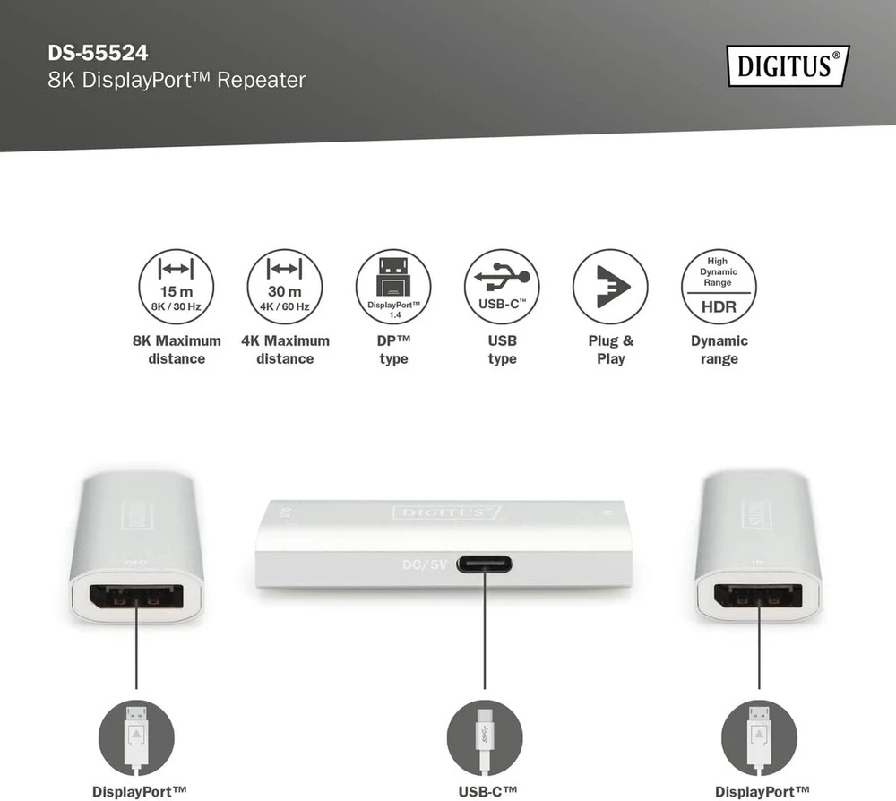 Digitus Displayport kartotuvas, 8k 30hz, 4k 120hz/60hz, 30m signalo prailginimas