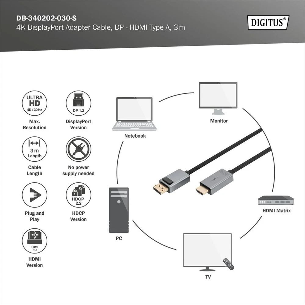 Digitus dp į hdmi kabelis su led 4k/30hz, 3 m aliuminio korpusas, paauksuotas, palaiko 4k30hz