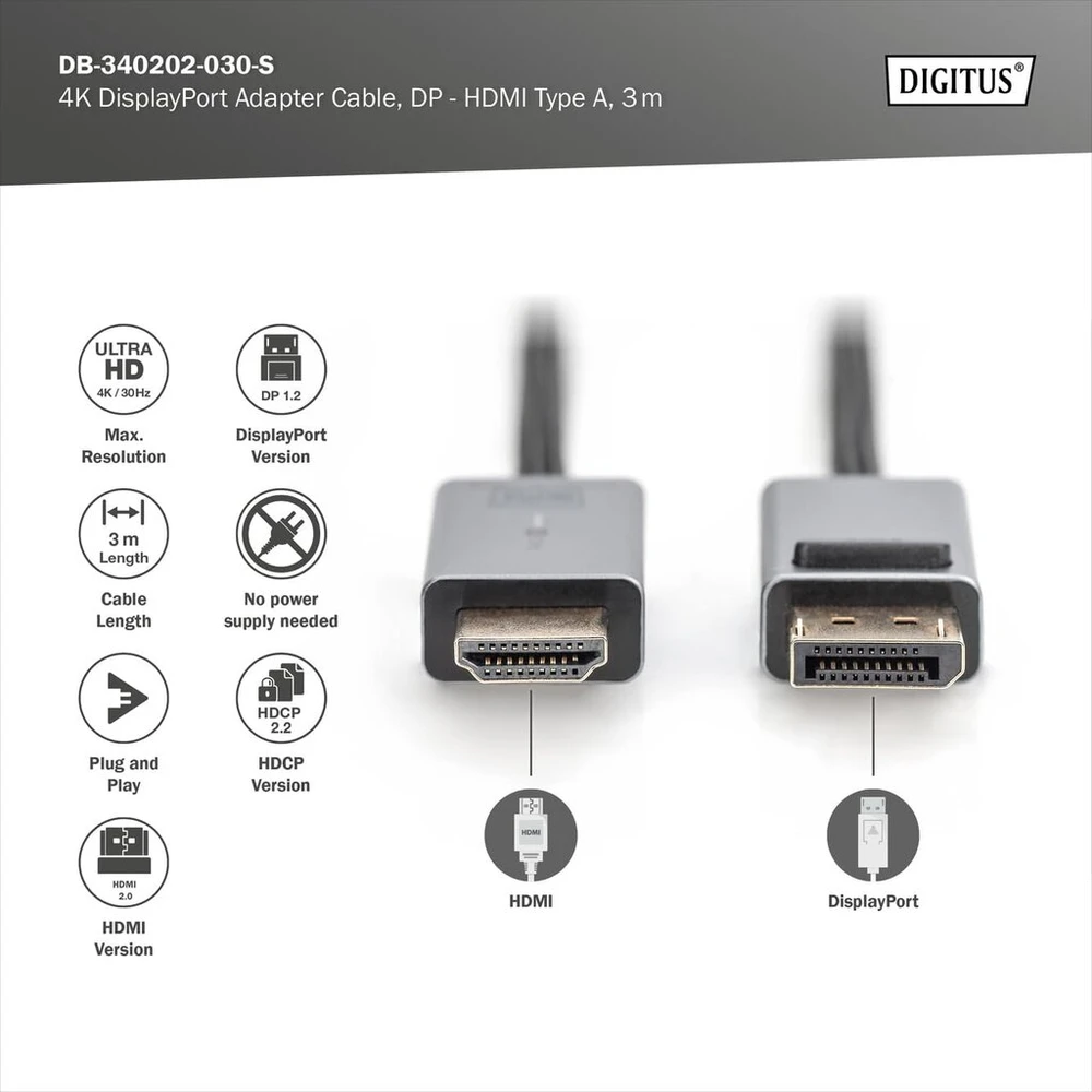 Digitus dp į hdmi kabelis su led 4k/30hz, 3 m aliuminio korpusas, paauksuotas, palaiko 4k30hz