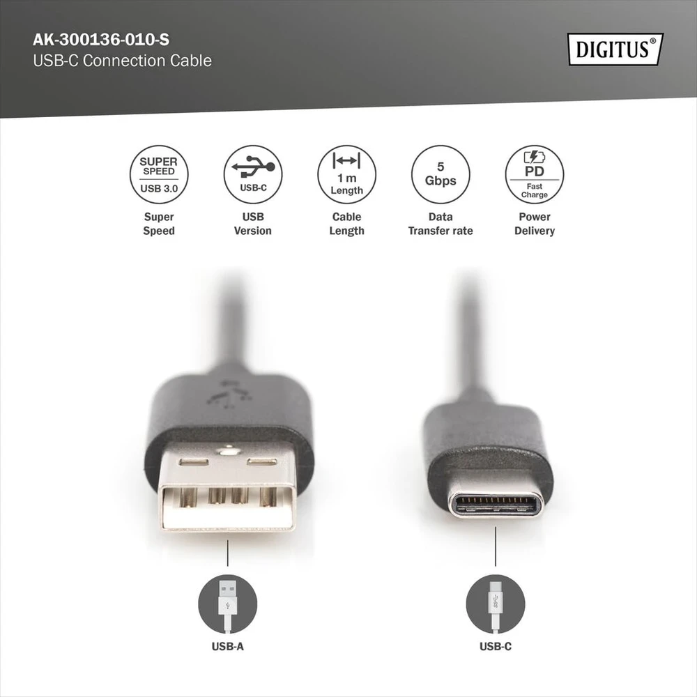 Digitus Usb 3.2 Gen1 jungiamasis kabelis - 1.0 m - Usb A (male) į Usb C (male) - 5 Gbit/s - jungiamasis kabelis - juodas