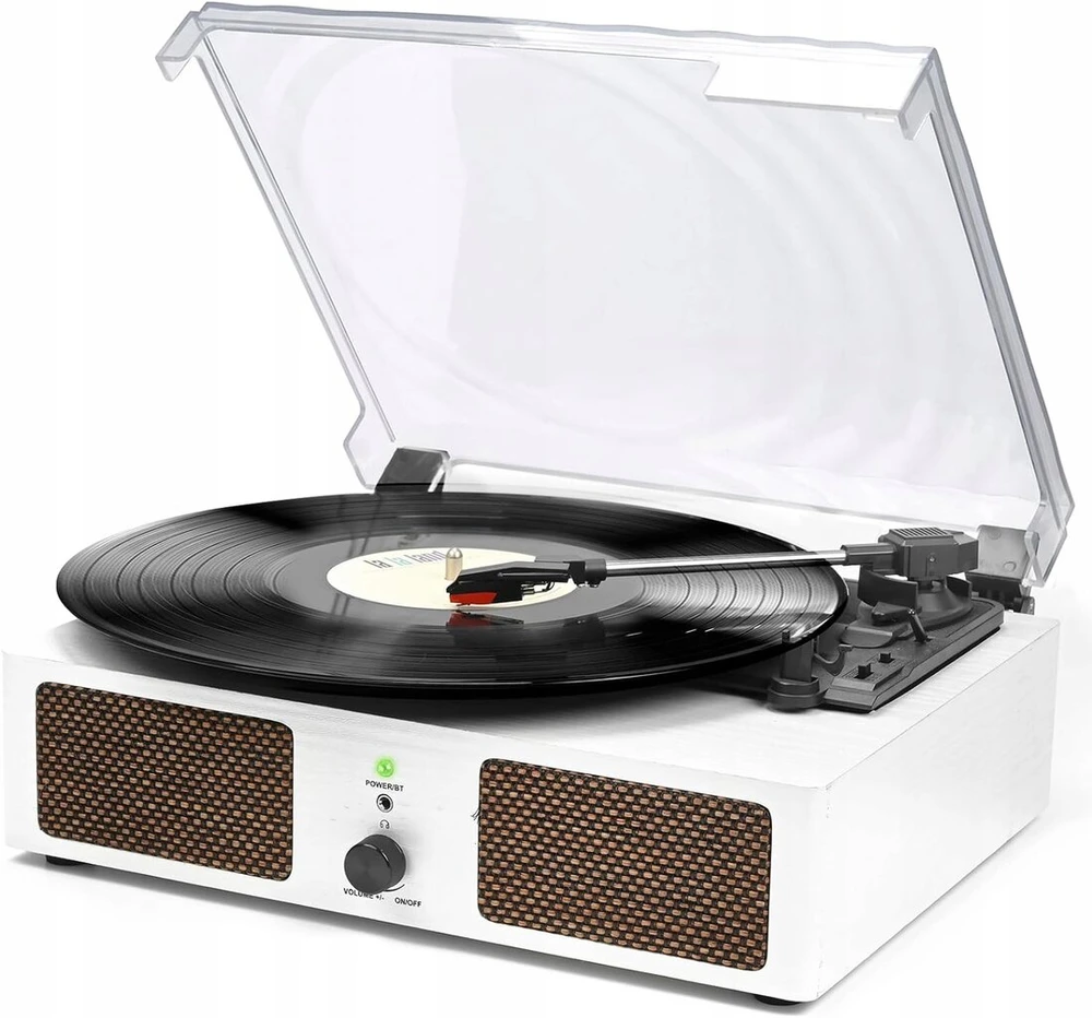 Diržinis patefonas vintage stiliaus su bluetooth garsiakalbiais 3 greičių usb aux baltas