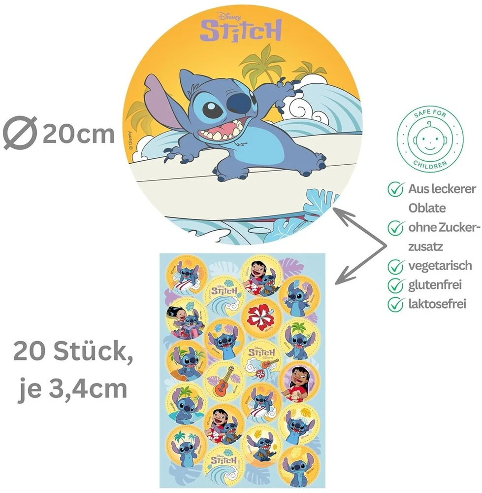 Disney Dekozauber24 Stitch valgomos tortų dekoracijos (20 cm) su 20 keksiukų dekoracijomis, 2 vnt. rinkinys, vegetariškas, be pridėtinio cukraus, pagaminta iš valgomojo vaflinio popieriaus su saldžiu skoniu torto dekoravimui (stitch Nr. 1)